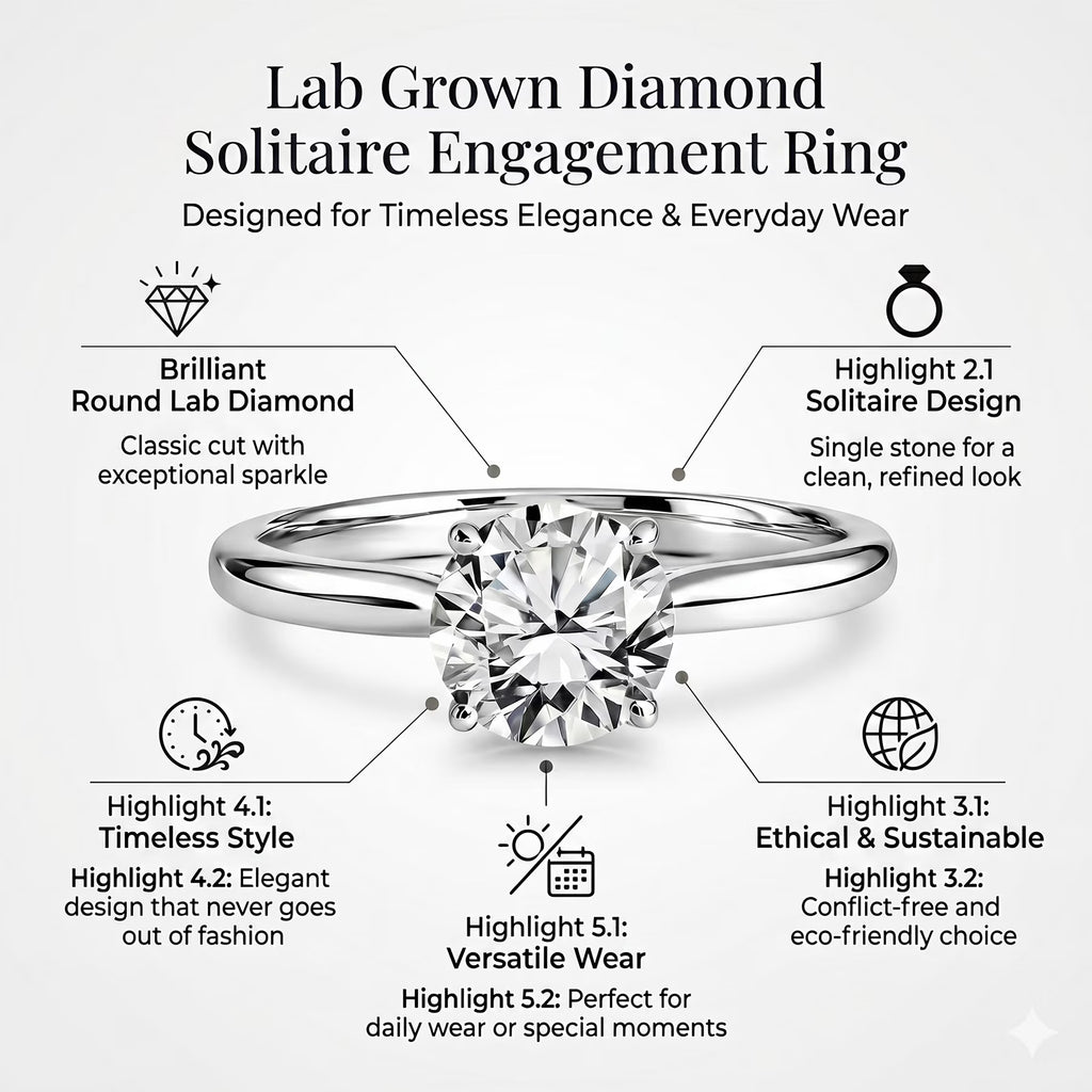 JeenMata Lab Grown Diamond 1 Carat Round Cut Solitaire Engagement Ring in 18K White Gold Plating for Women
