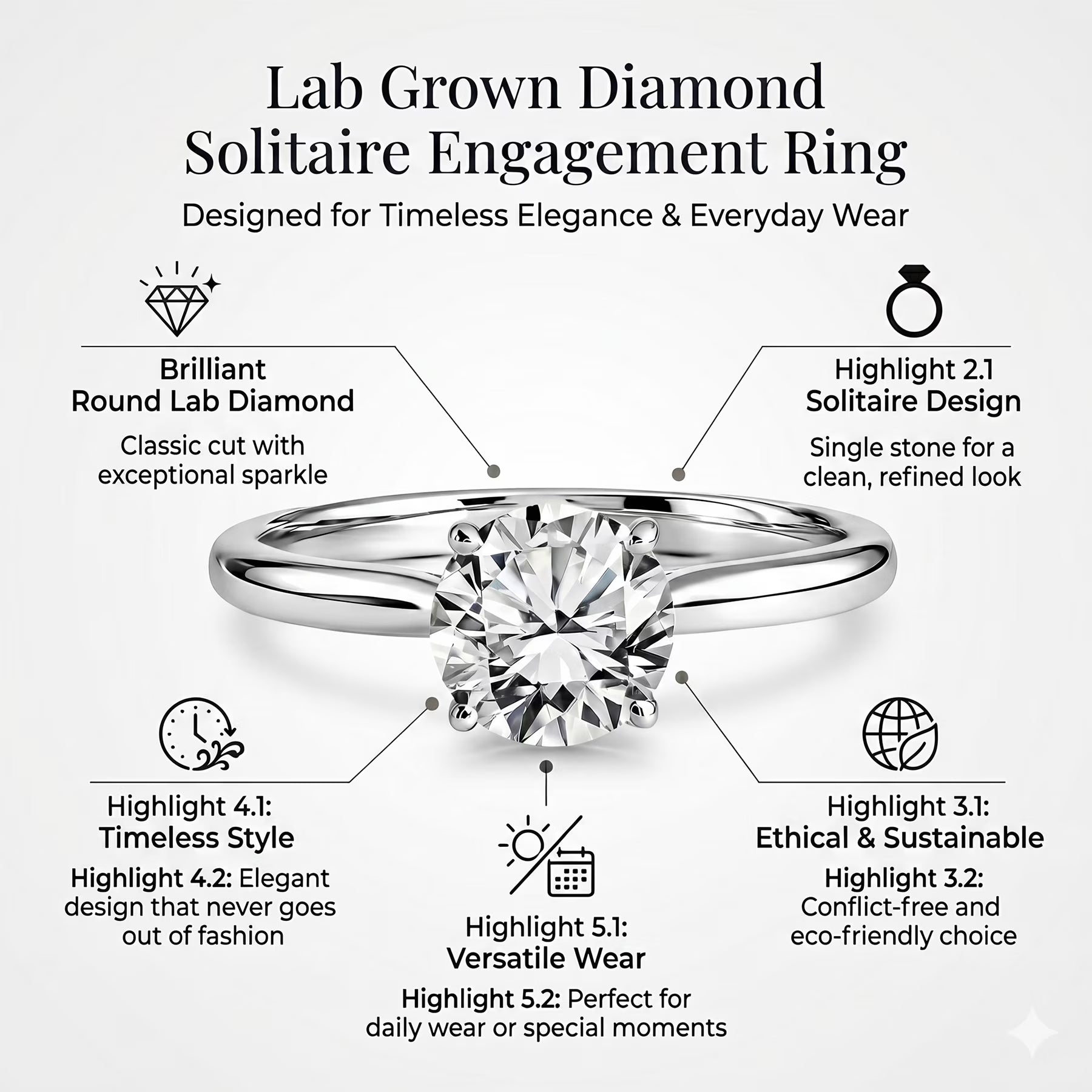 JeenMata Lab Grown Diamond 0.75 Carat Round Cut Solitaire Engagement Ring in 18K White Gold Plating for Women