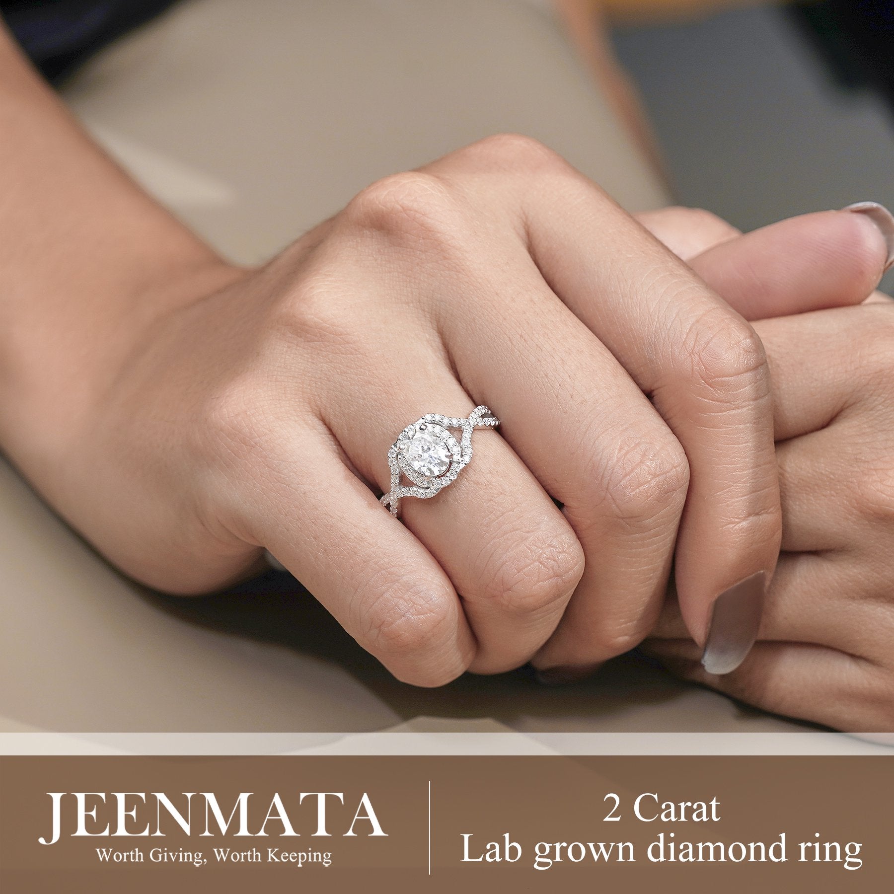 JeenMata 2 Carat Oval Cut Lab Grown Diamond - Engagement Ring with Infinity Band in 18K White Gold Plating for Woman