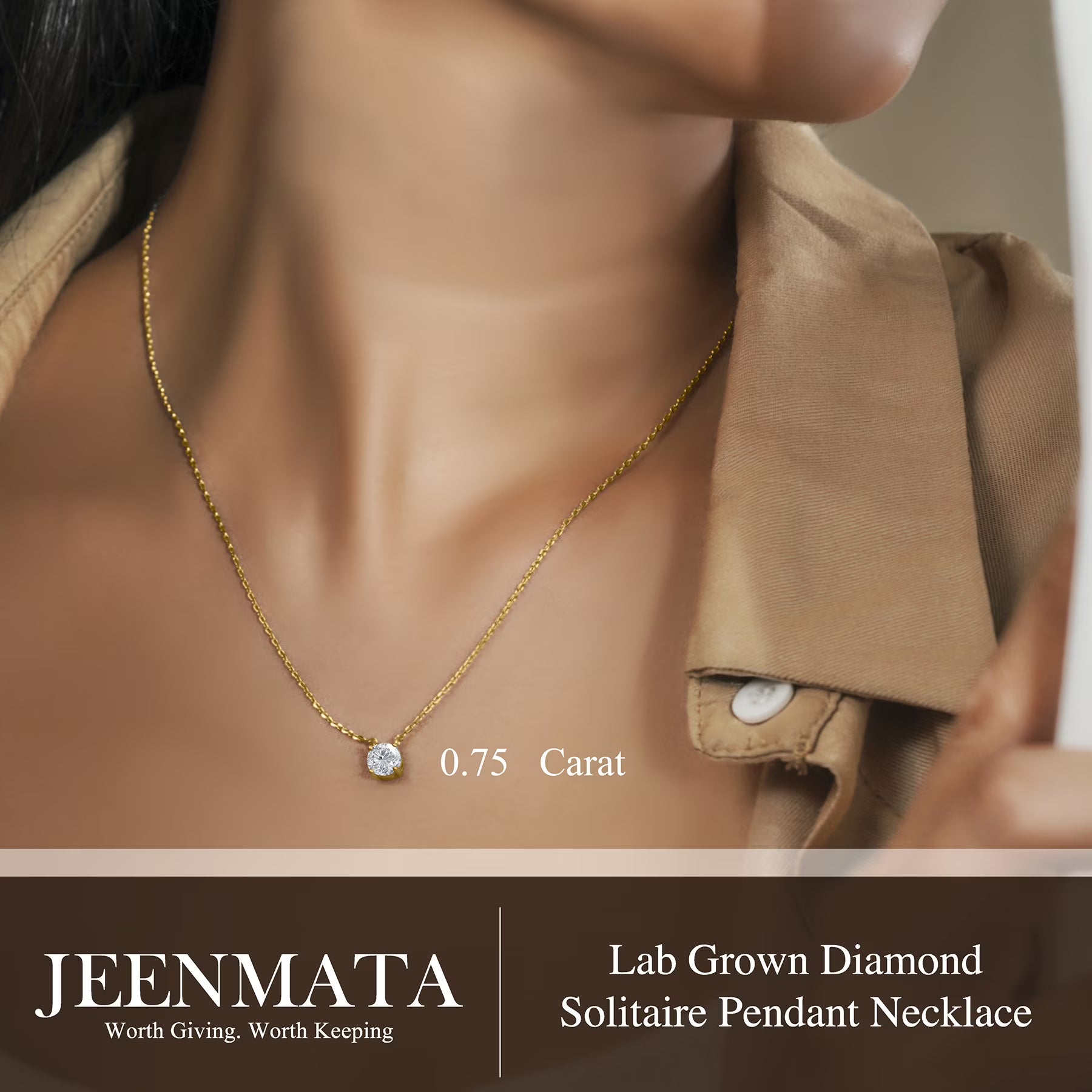 JeenMata Lab Grown Diamond 0.75 Carat Round Cut Classic Solitaire Pendant Necklace - in 18K Yellow Gold Plating for Women