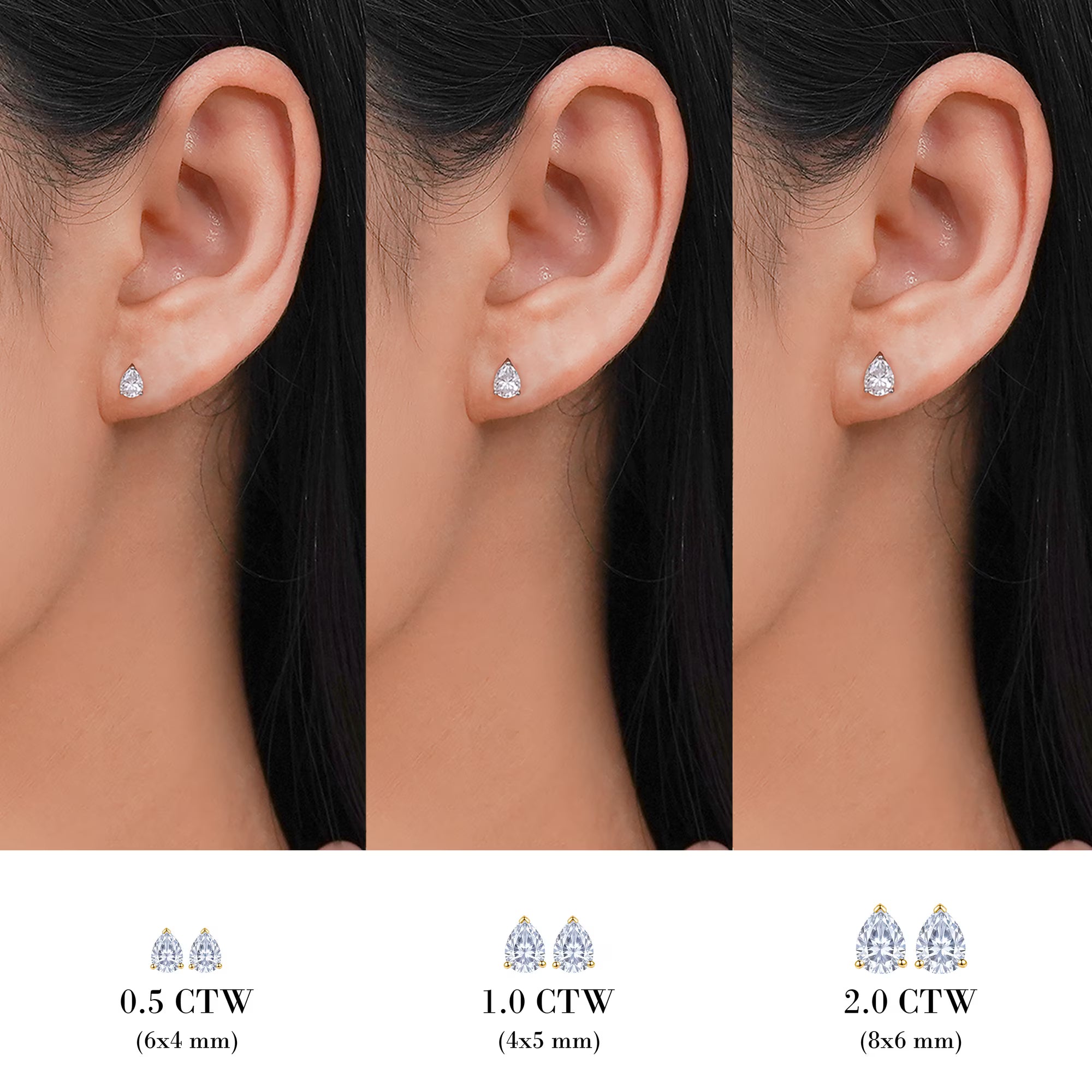 JeenMata 2 Carat Pear Cut Moissanite Minimalist Solitaire Stud Earrings in 18k Yellow Gold Plating for Women