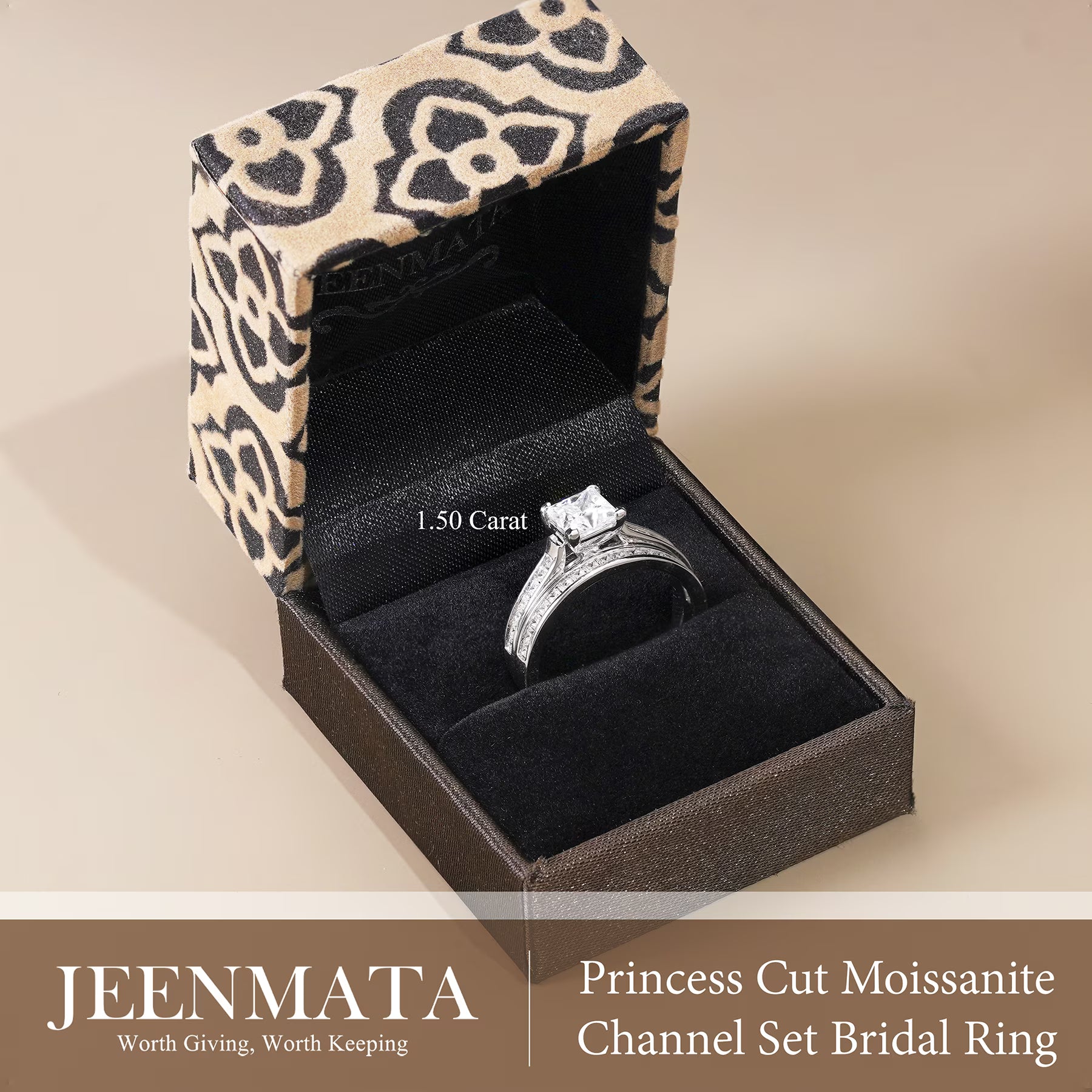 JeenMata 1.50 Carat Princess Cut Moissanite Wedding Set - Bridal Set - Channel Set Ring - Handmade Ring - 18k White Gold Plated for Women