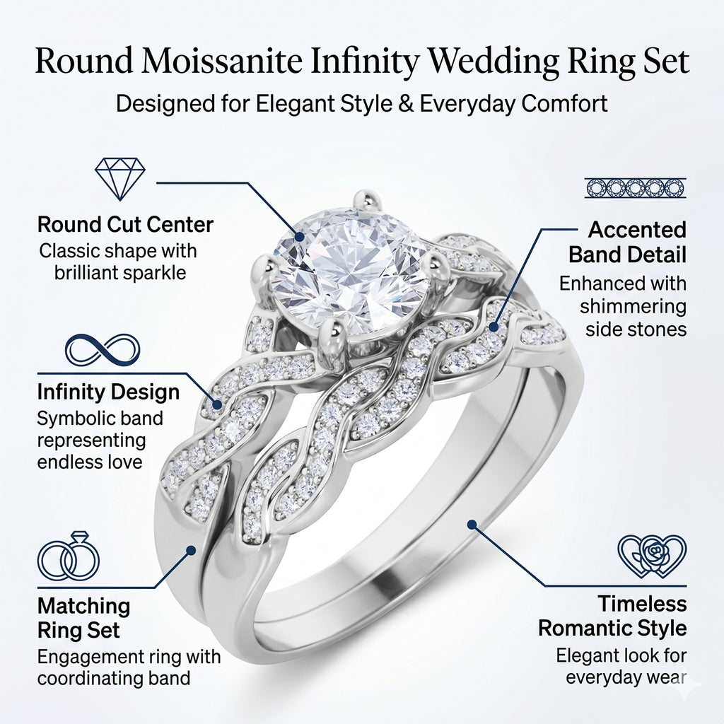 JeenMata 1.25 Carat Round Cut Moissanite Wedding Set - Bridal Set - Infinity Ring - Forever Ring - Promise Ring - 18k Black Gold Plated for Women