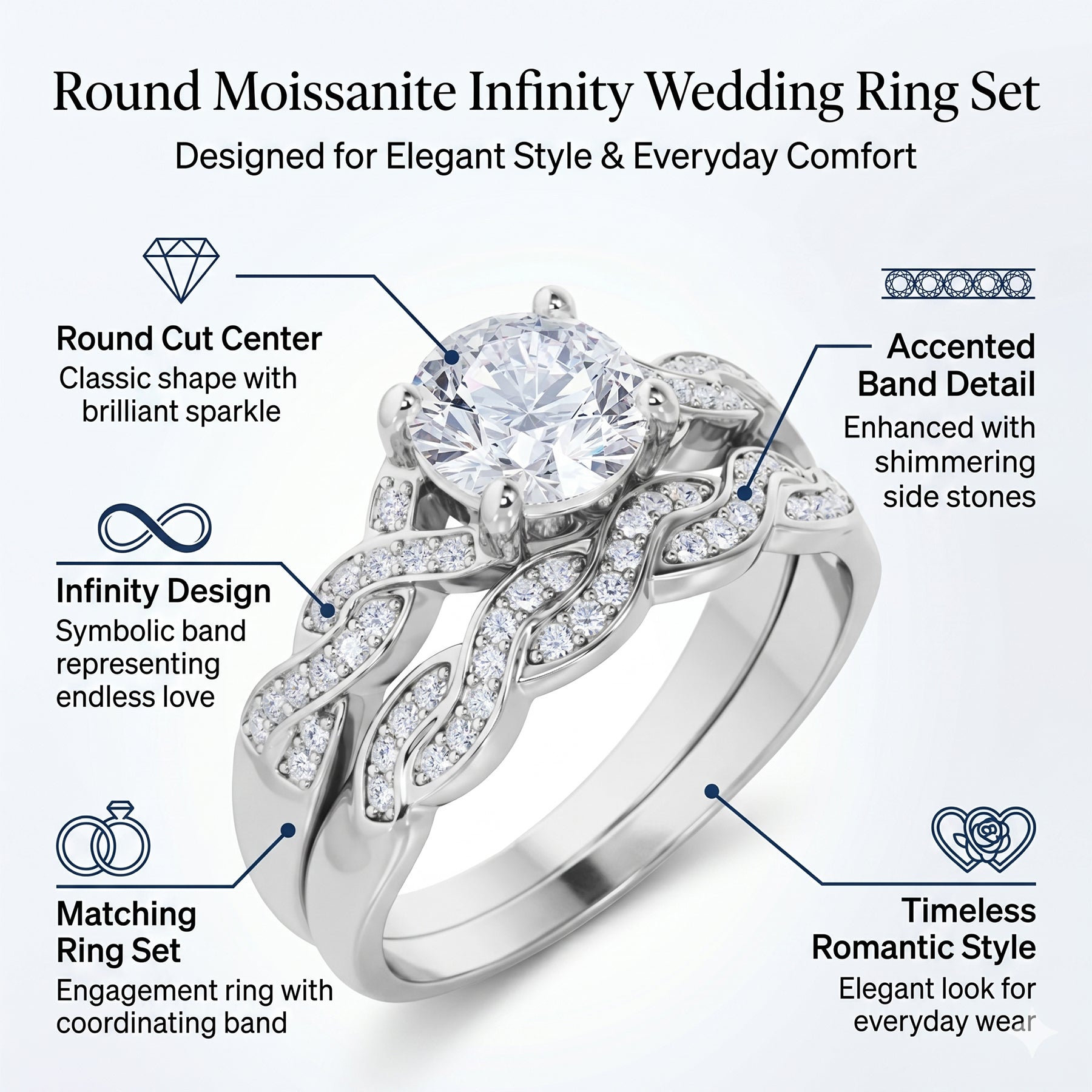 JeenMata 1.25 Carat Round Cut Moissanite Wedding Set - Bridal Set - Infinity Ring - Forever Ring - Promise Ring - 18k Black Gold Plated for Women