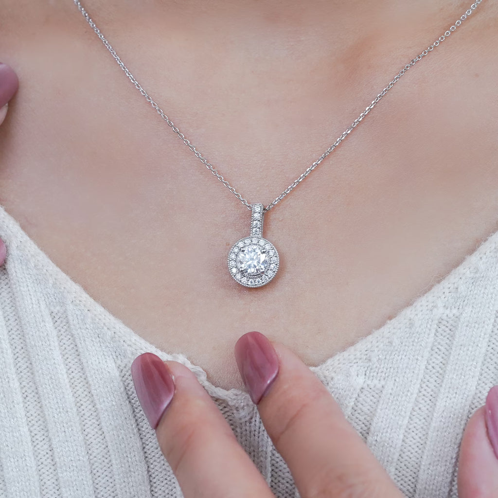 JeenMata 1 Carat Lab Grown Diamond Halo Pendant Necklace - Round Cut Milgrain Halo Pendant in White Gold Plating
