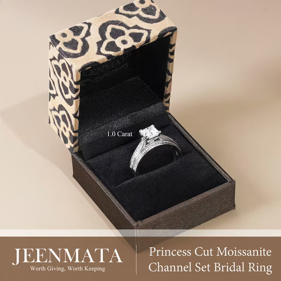 JeenMata 1 Carat Princess Cut Moissanite Wedding Set - Bridal Set - Engagement Ring - Channel Set Ring - Cluster Ring - 18k White Gold Plated for Women
