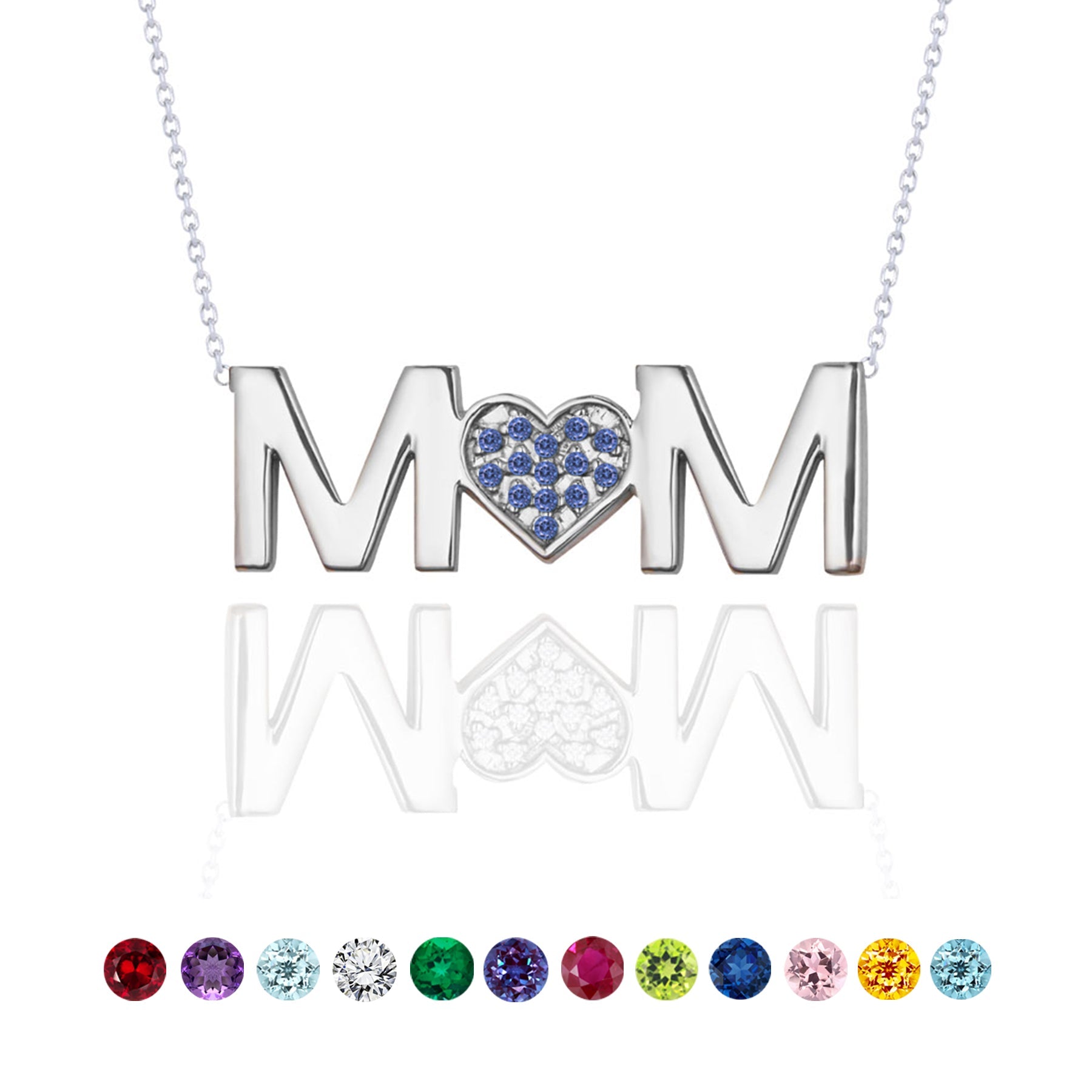 MOM Pendant Necklace - Dark Blue Stone - September Birthstone in 18K White Gold over Sterling Silver
