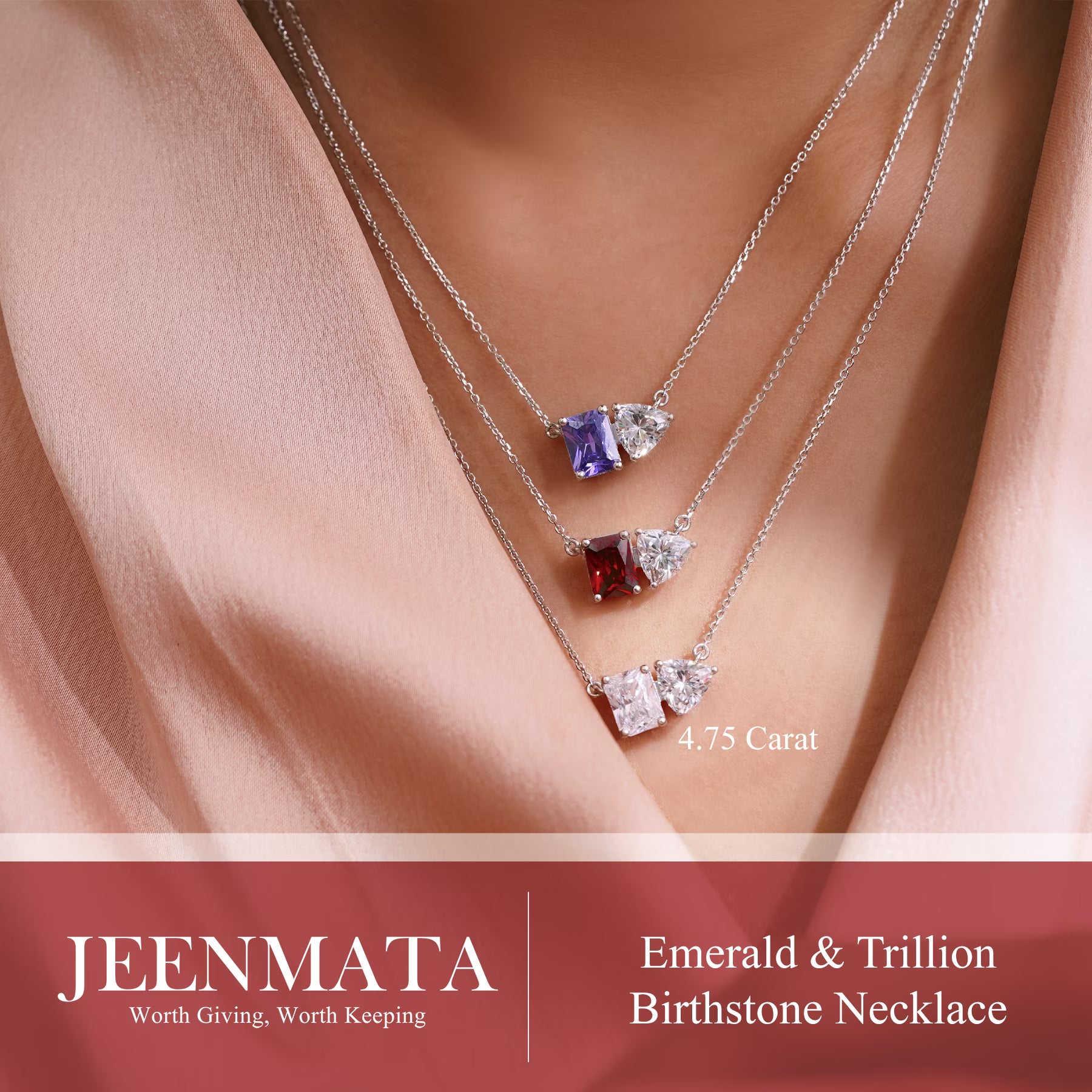 JeenMata 4.75 Carat Peridot & Cubic Zirconia Two Stone Birthstone Necklaces - August Birthstone Emerald and Trillion Cut Pendant Necklace in 18K White Gold Plating Gift for Women