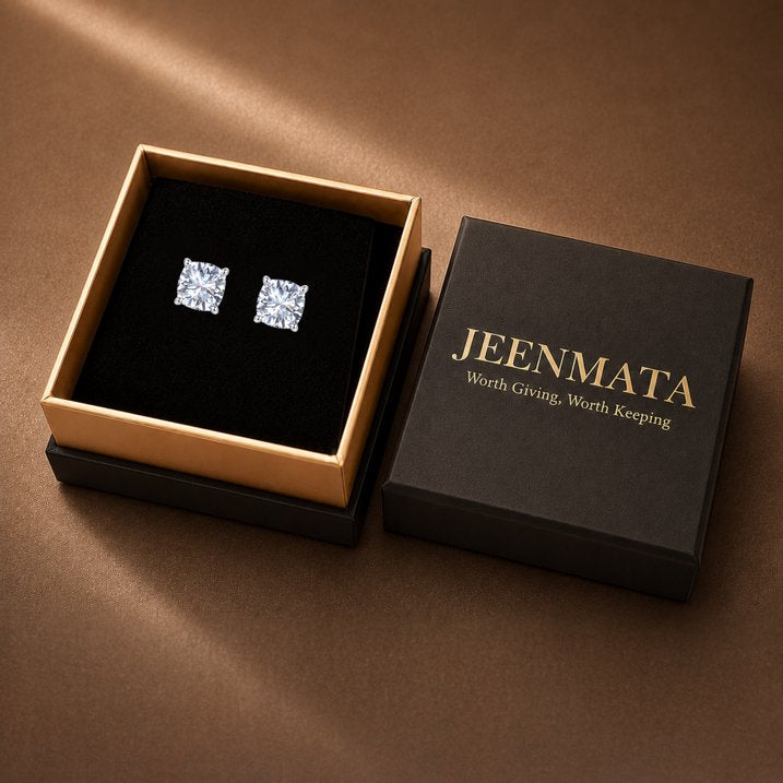 JeenMata 1 Carat Cushion Solitaire Moissanite Stud Earrings for Women, Earrings for Men, 18K White Gold Plated, Hypoallergenic Earrings, D VS1, Stud Earring for Woman, Jewelry, Gift, Earrings