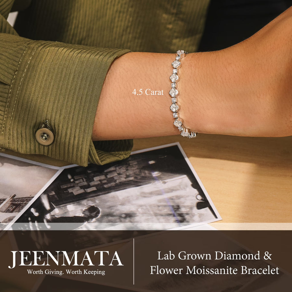 JeenMata 4.5 Carat Round Lab Grown Diamond & Flower Moissanite Bracelet - Feminine Floral Style in 18K White Gold Plating for Women