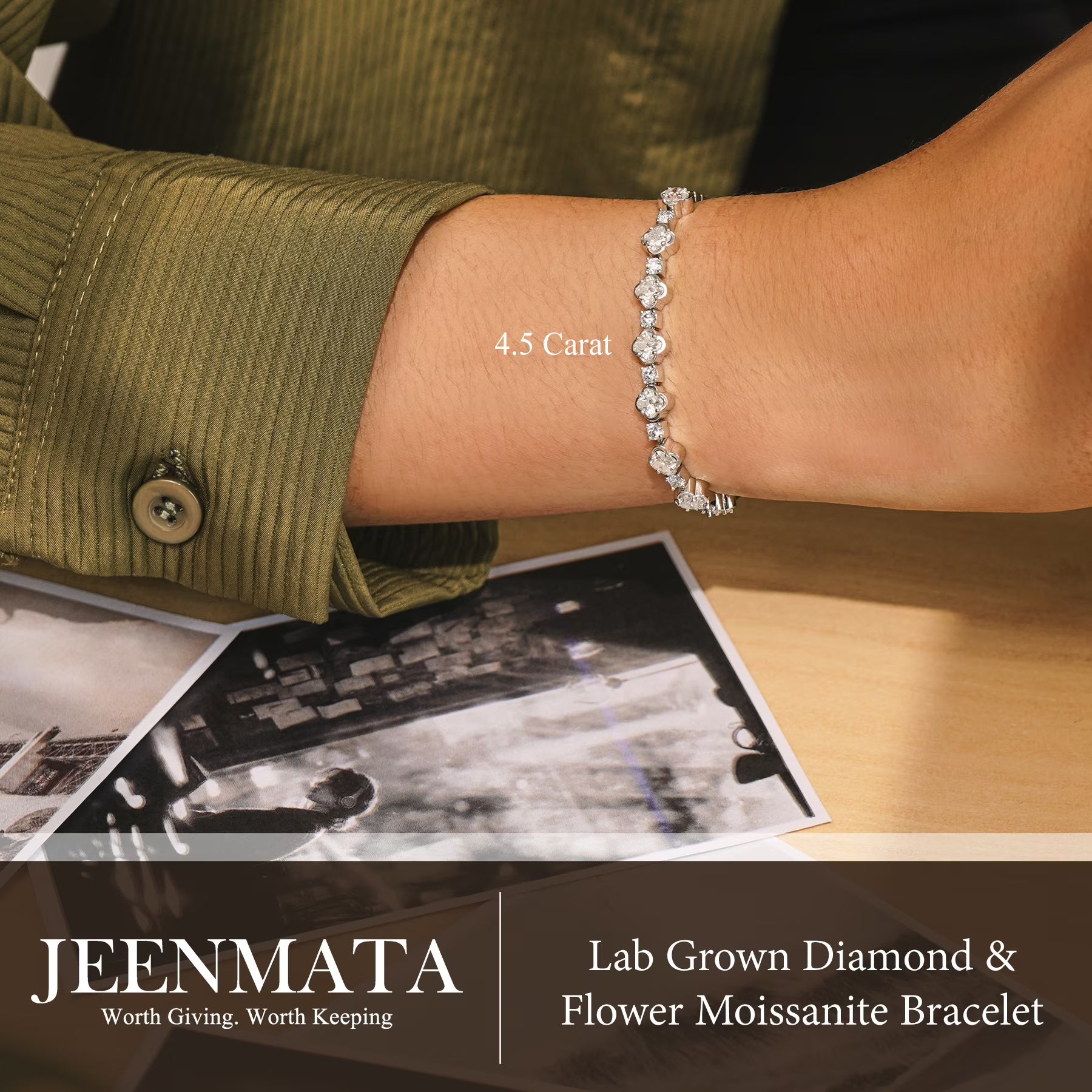 JeenMata 4.5 Carat Round Lab Grown Diamond & Flower Moissanite Bracelet - Feminine Floral Style in 18K White Gold Plating for Women