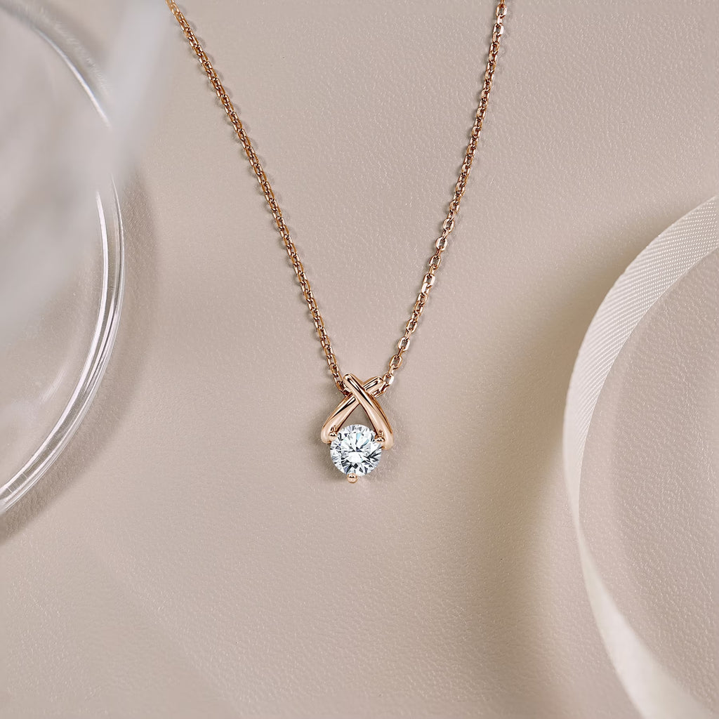 JeenMata X-Shaped Round Cut Lab Grown Diamond Pendant Necklace in 18K Rose Gold Plating for Women