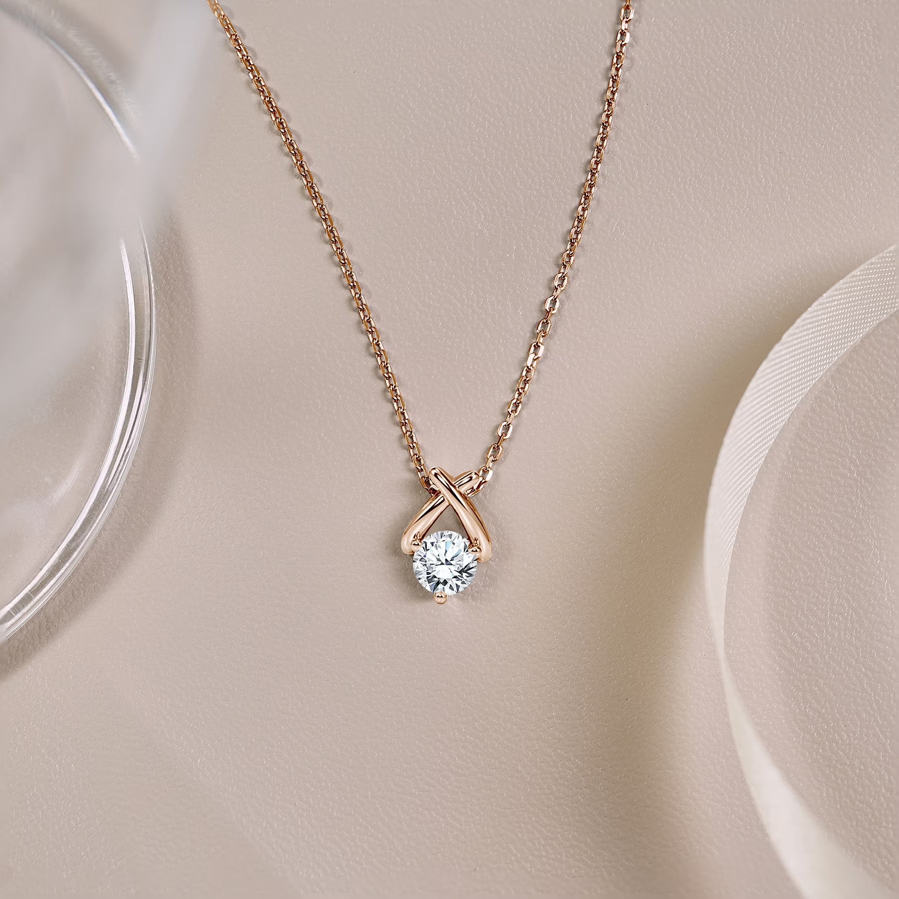 JeenMata X-Shaped Round Cut Lab Grown Diamond Pendant Necklace in 18K Rose Gold Plating for Women