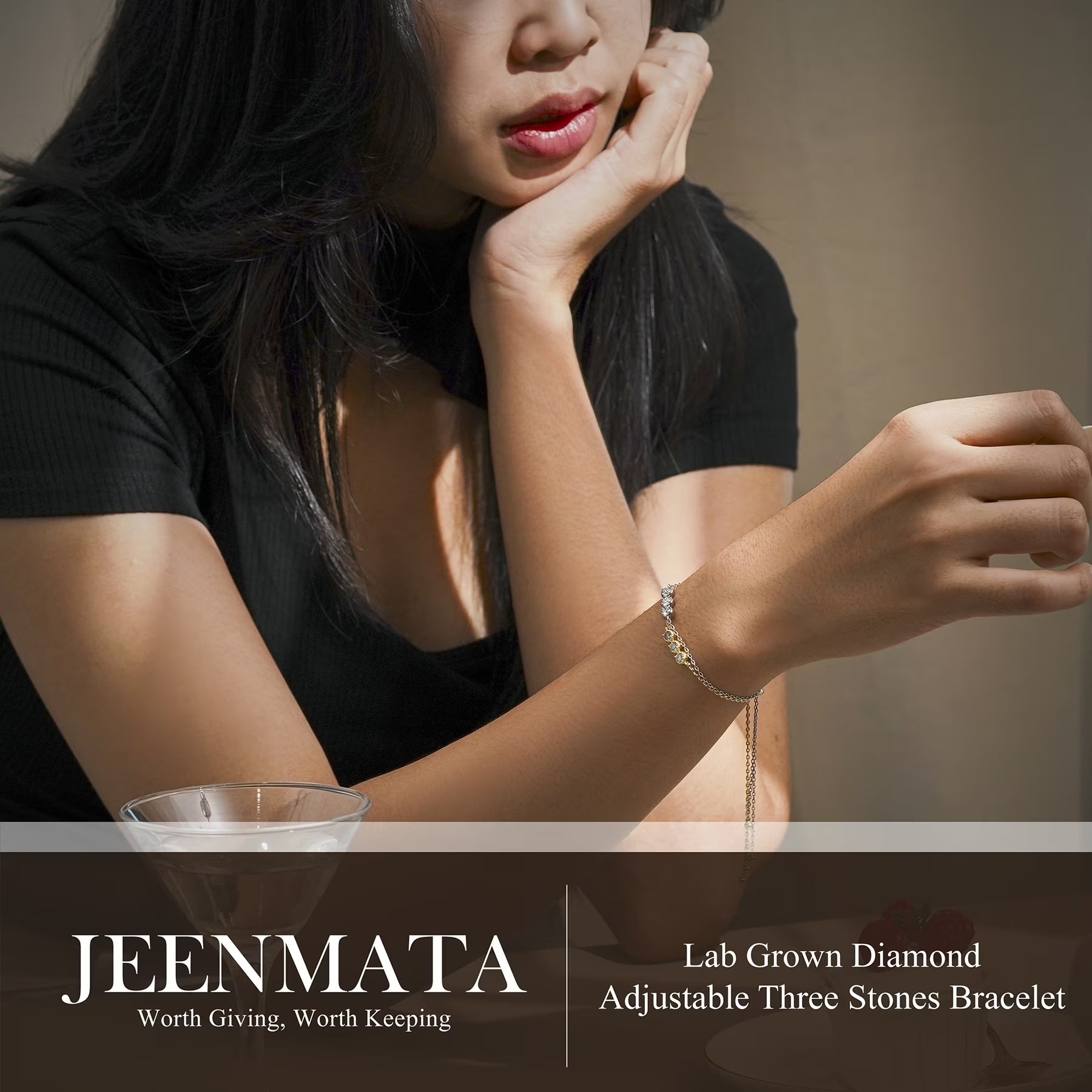 JeenMata Lab Grown Diamond Three Stones Bracelet - Adjustable Slider Yellow Gold Plating Bracelet for Women