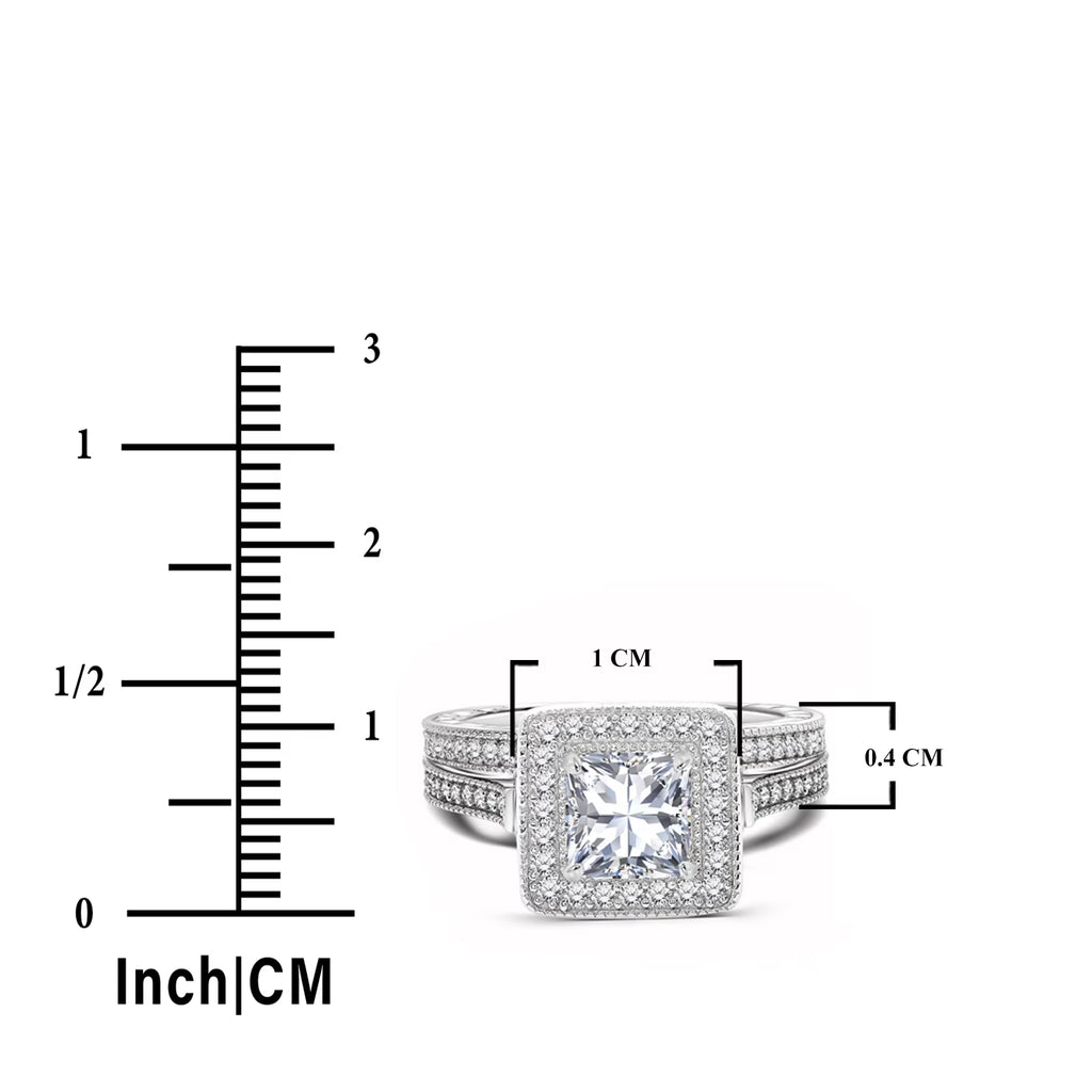 JeenMata 1.5 Carat Princess Cut Moissanite Wedding Set - Bridal Set - Milgrain Ring - Vintage Ring - Halo Ring - 18K White Gold Plating for Women