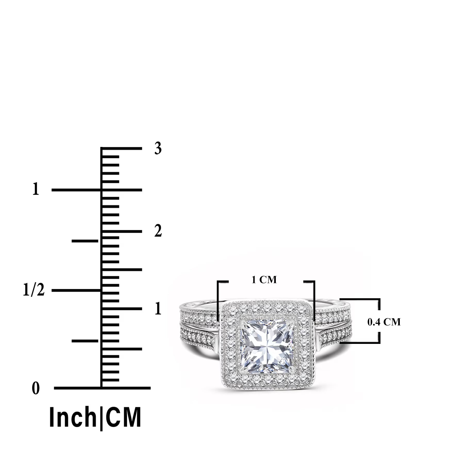 JeenMata 1.5 Carat Princess Cut Moissanite Wedding Set - Bridal Set - Milgrain Ring - Vintage Ring - Halo Ring - 18K White Gold Plating for Women