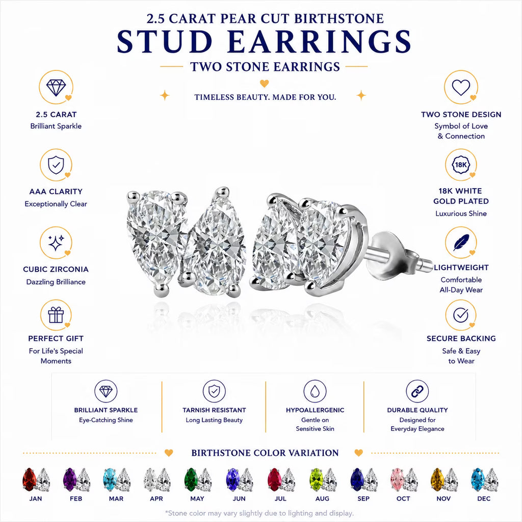 JeenMata 2.5 Carat Pear Cut August Birthstone Stud Earring - Peridot & Cubic Zirconia Two Stone Earrings in 18K White Gold Plating Gift for Women