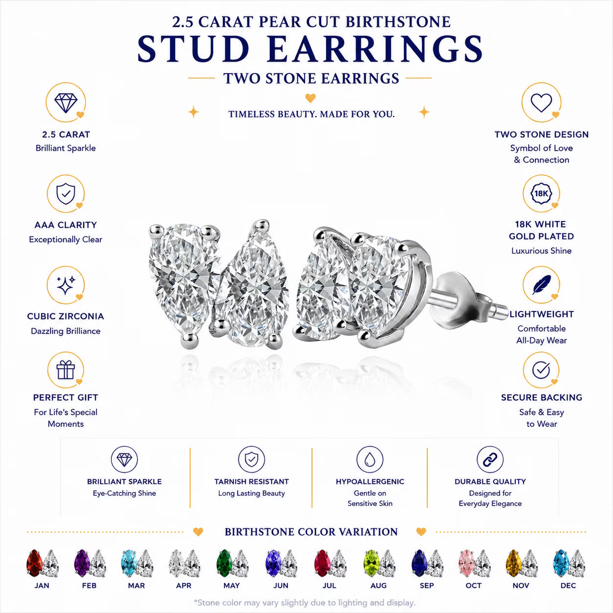 JeenMata 2.5 Carat Pear Cut March Birthstone Stud Earring - Aquamarine & Cubic Zirconia Two Stone Earrings in 18K White Gold Plating Gift for Women
