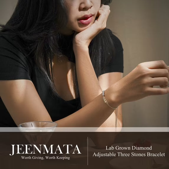 JeenMata Lab Grown Diamond Three Stones Bracelet - Adjustable Slider White Gold Plating Bracelet for Women