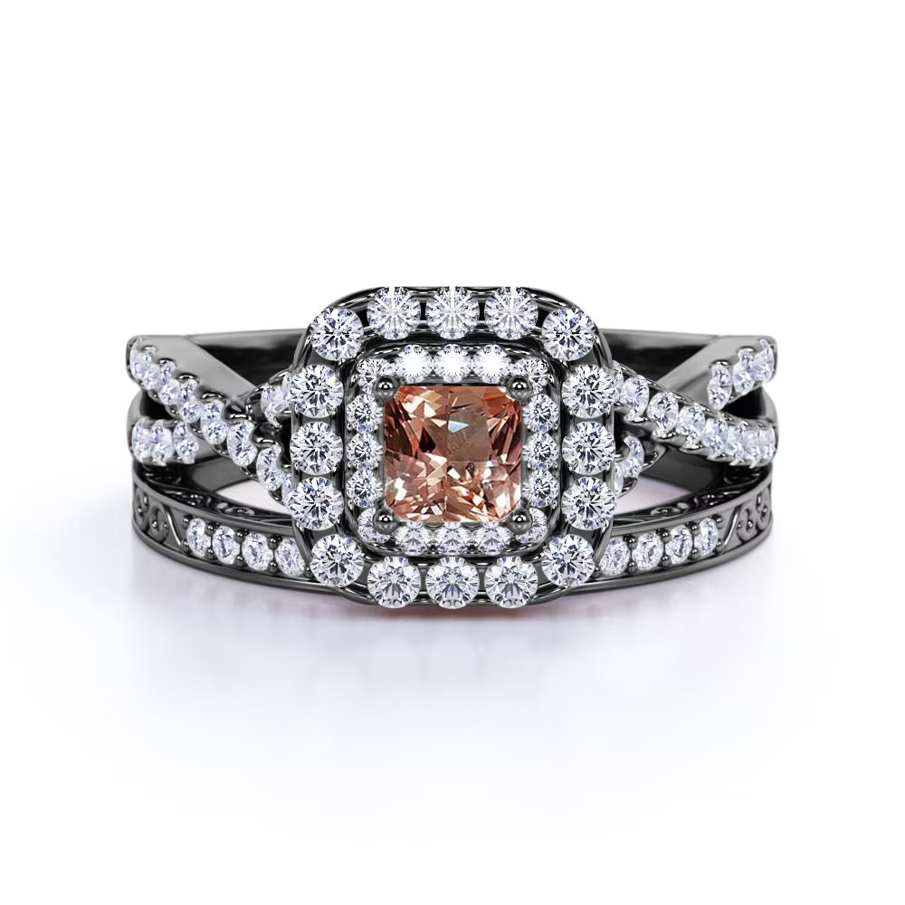 JeenMata 1.25 CT - Princess Cut - Champagne created morganite - Double Halo - Twisted Band - Vintage Inspired - Wedding Ring Set in 18K Black Gold Plating for Women