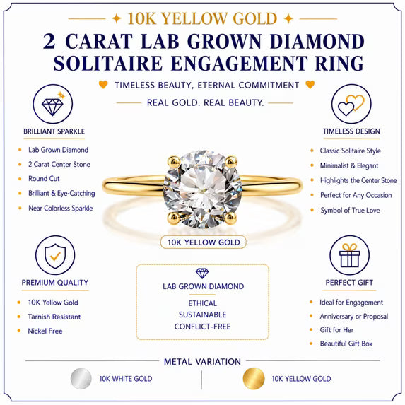 JeenMata Lab Grown Diamond 2 Carat Round Cut Solitaire Engagement Ring in Real Solid 10K Yellow Gold for Women, Gift for Her, Female, Girlfriend