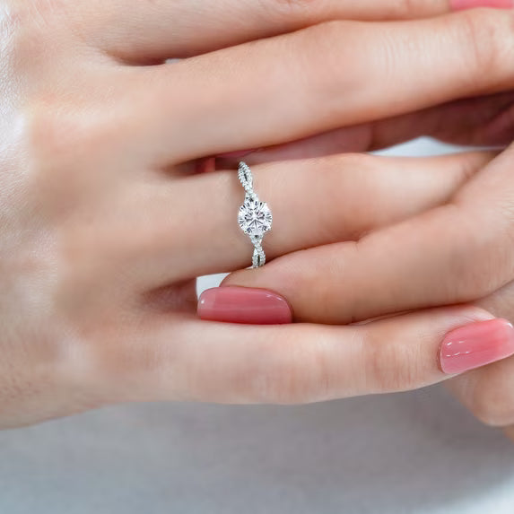 JeenMata 1 Carat infinity Round cut Moissanite Engagement Ring in 18K White Gold Plating for Women