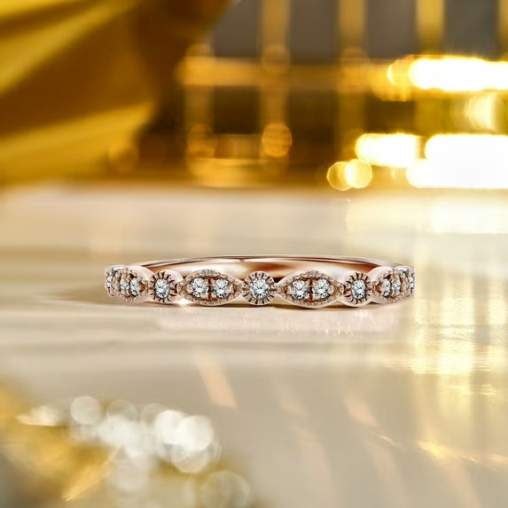 JeenMata Art-Deco 0.25 Carat Round Brilliant Cut April Birthstone Filigree Milgrain Wedding Band in 18K Rose Gold Plating for Women
