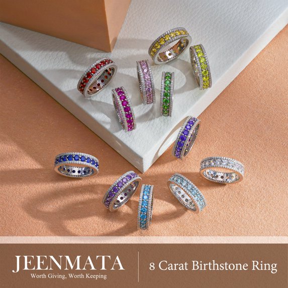 JeenMata 8 Carat Round Cut - January Birthstone Eternity Band Ring - Garnet Cubic Zirconia Halo Anniversary Wedding Band in 18K White Gold Plating for Women