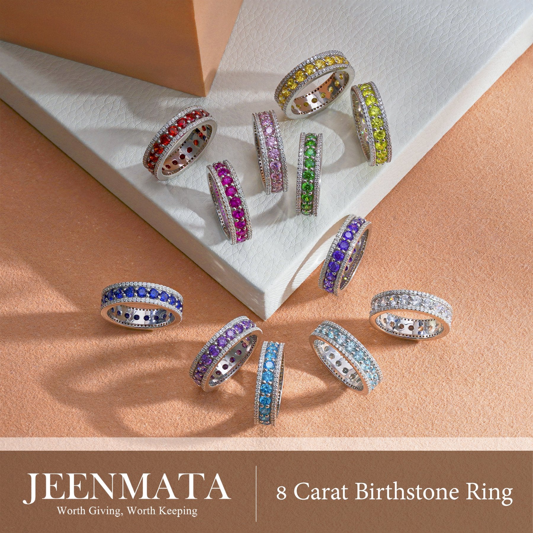JeenMata 8 Carat Round Cut - April Birthstone Eternity Band Ring - Cubic Zirconia Halo Anniversary Wedding Band in 18K White Gold Plating for Women