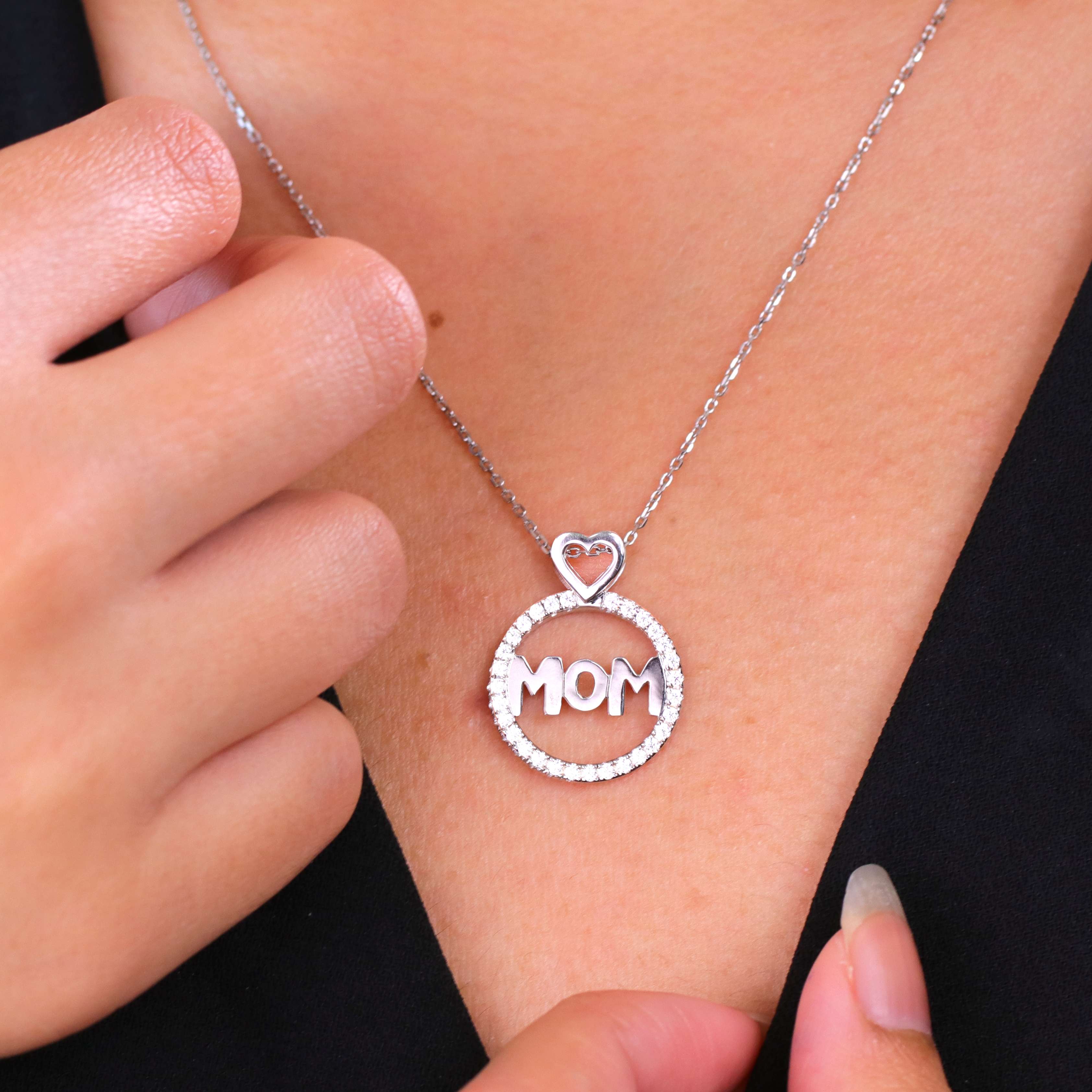 JeenMata Round Frame Mom Moissanite Pendant Necklace in 18K White Gold over Silver