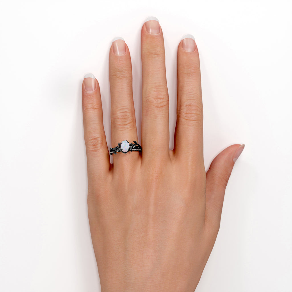 JeenMata Prong Setting 1.5 Carat Ovate Rainbow Opal and Moissanite Leaf Design Wedding Ring Set in 18K Black Gold Plating over Silver