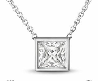 JeenMata 3.3 Carat April - Cubic Zirconia Birthstone Princess Cut Bezel Set Pendant Necklace - in 18K White Gold Plating for Women