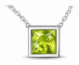 JeenMata 3.3 Carat August - Peridot Birthstone Princess Cut Bezel Set Pendant Necklace - in 18K White Gold Plating for Women