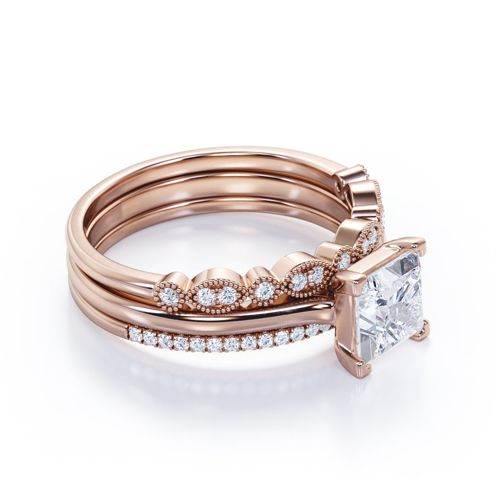 JeenMata 3.25 Carat Princess Wedding Ring Set - Bridal Set - Wedding Trio Set - Engagement Ring - Art Deco Ring - Promise Ring - Sterling Silver