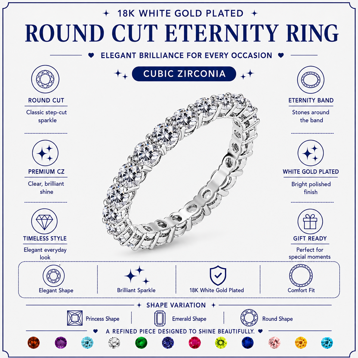 JeenMata 3.5 Carat Round Cut January Birthstone - Multicolor Eternity Wedding Band - Garnet & Cubic Zirconia Rings in 18K White Gold Plating for Women