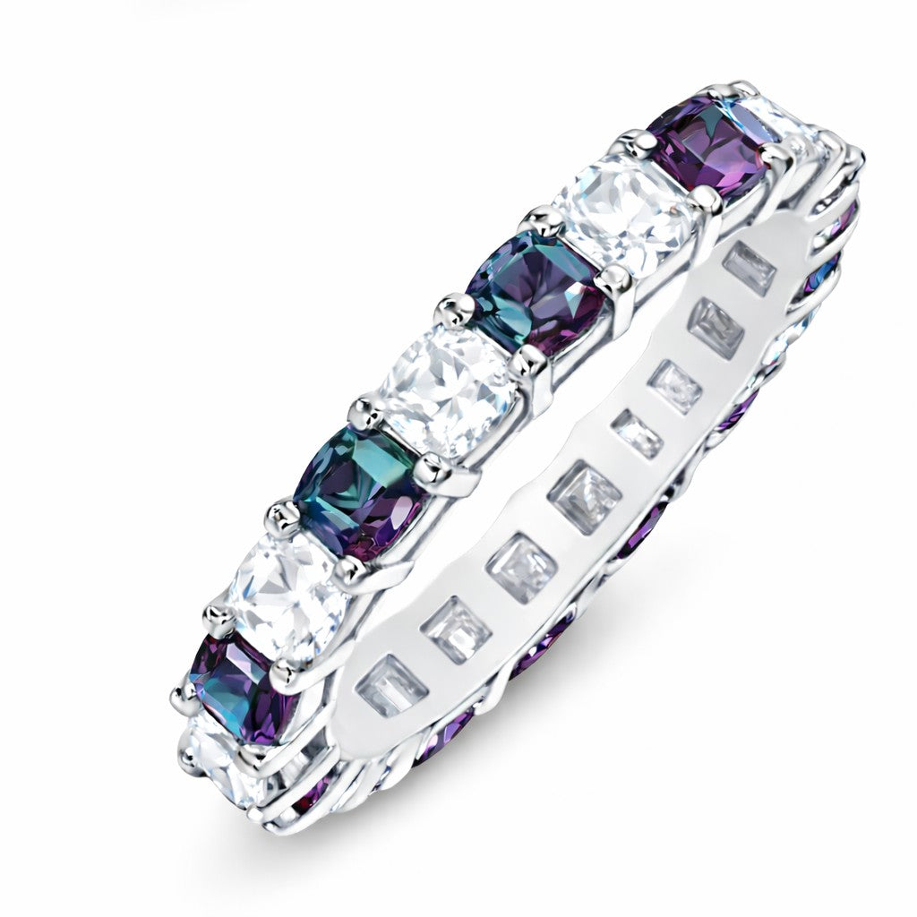 JeenMata 3.5 Carat Round Cut June Birthstone - Multicolor Eternity Wedding Band - Alexandrite & Cubic Zirconia Rings in 18K White Gold Plating for Women