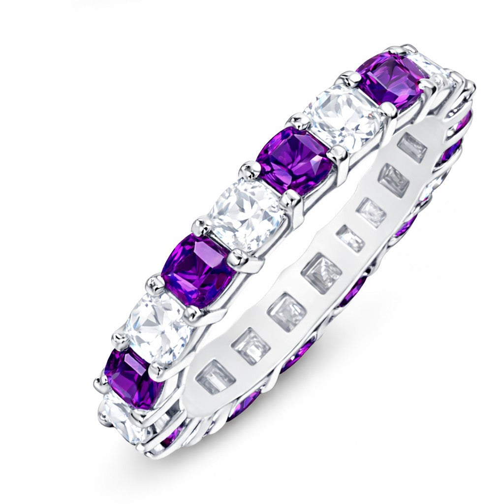 JeenMata 3.5 Carat Round Cut February Birthstone - Multicolor Eternity Wedding Band - Amethyst & Cubic Zirconia Rings in 18K White Gold Plating for Women