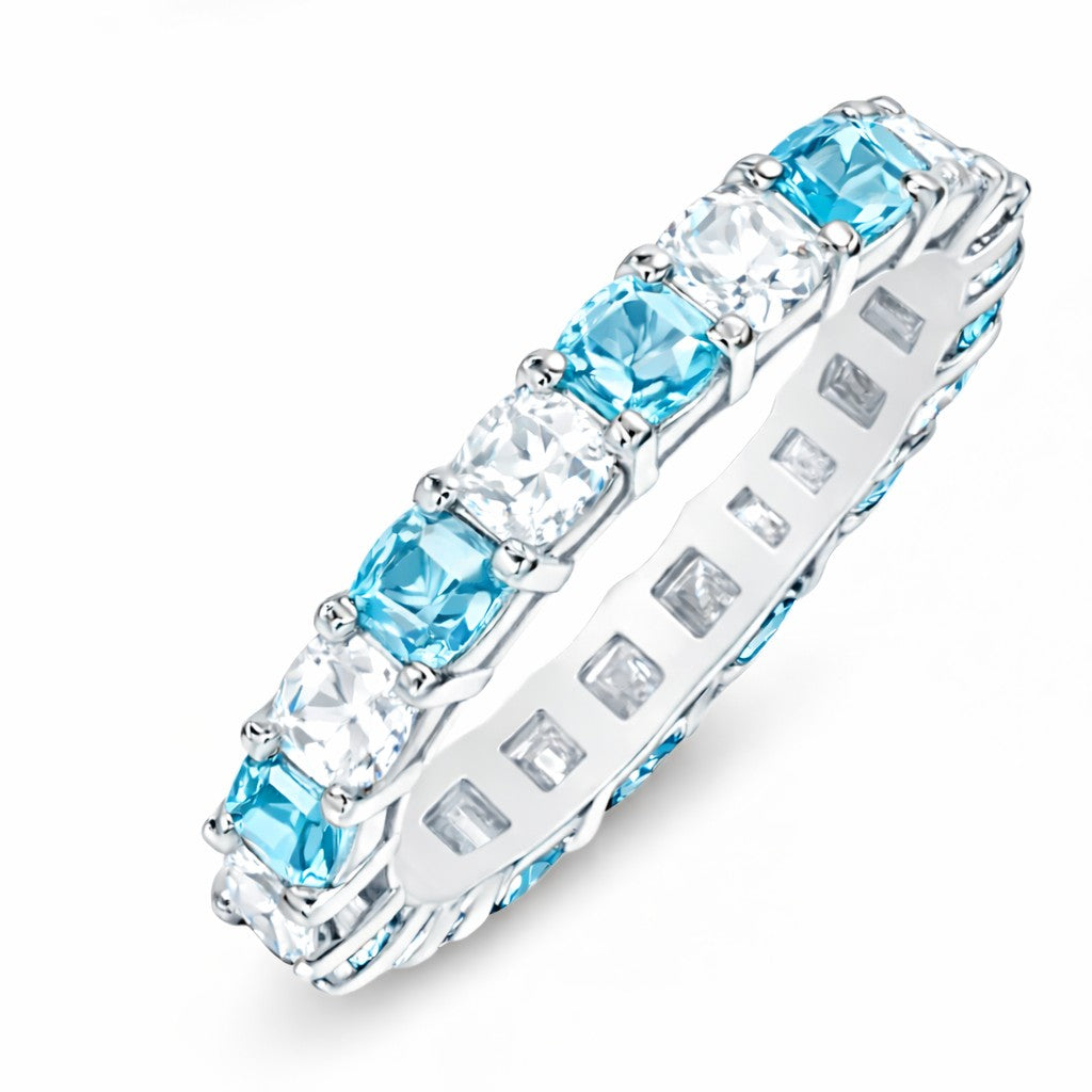 JeenMata 3.5 Carat Round Cut March Birthstone - Multicolor Eternity Wedding Band - Aquamarine & Cubic Zirconia Rings in 18K White Gold Plating for Women