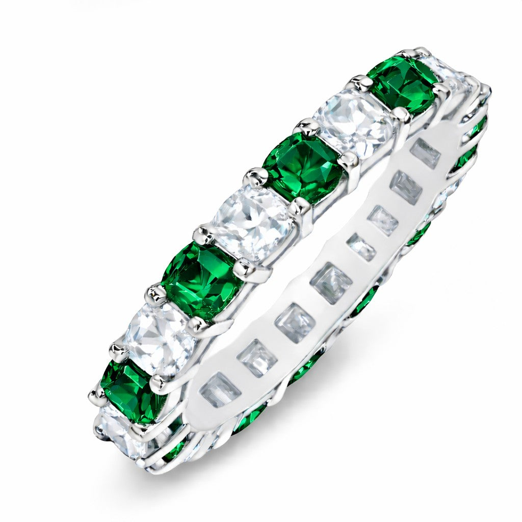 JeenMata 3.5 Carat Round Cut May Birthstone - Multicolor Eternity Wedding Band - Emerald & Cubic Zirconia Rings in 18K White Gold Plating for Women