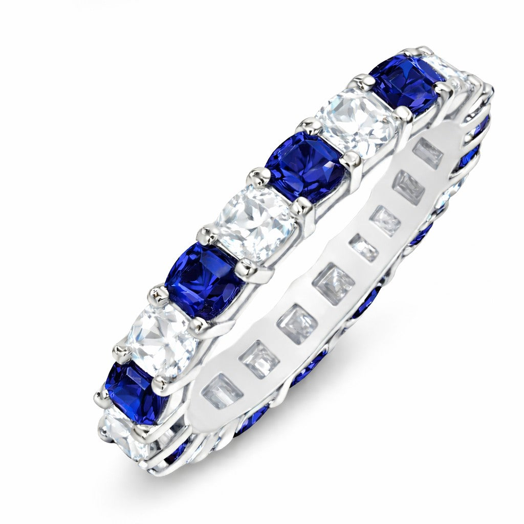 JeenMata 3.5 Carat Round Cut September Birthstone - Multicolor Eternity Wedding Band - Sapphire Blue & Cubic Zirconia Rings in 18K White Gold Plating for Women