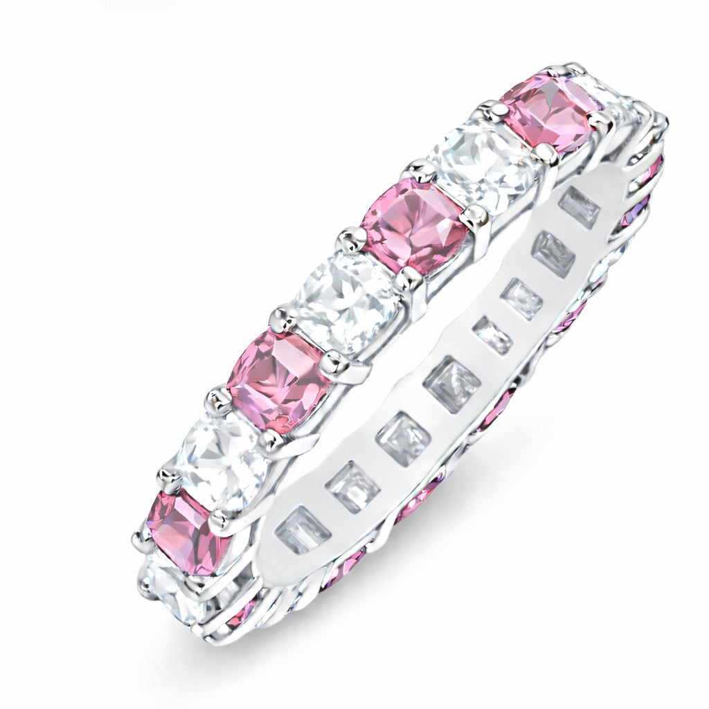 JeenMata 3.5 Carat Round Cut October Birthstone - Multicolor Eternity Wedding Band - Pink Tourmaline & Cubic Zirconia Rings in 18K White Gold Plating for Women
