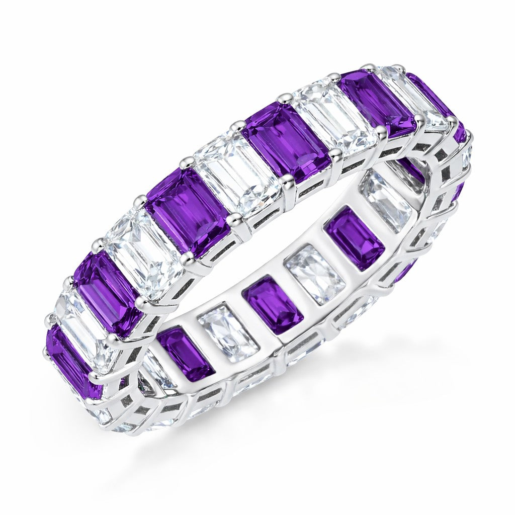 JeenMata 10 Carat Emerald Cut February Birthstone - Multicolor Eternity Wedding Band - Amethyst & Cubic Zirconia Rings in 18K White Gold Plating for Women
