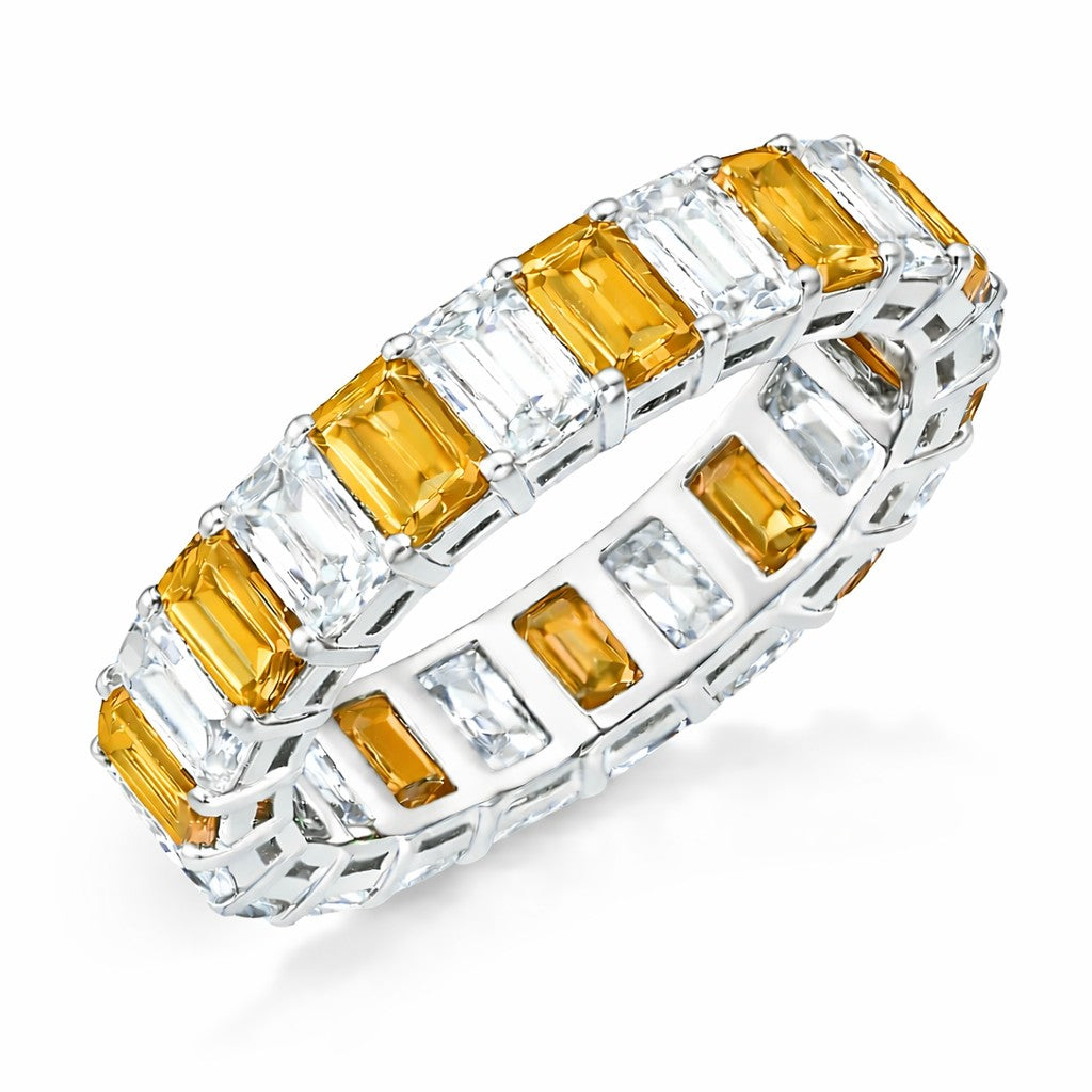 JeenMata 10 Carat Emerald Cut November Birthstone - Multicolor Eternity Wedding Band - Citrine & Cubic Zirconia Rings in 18K White Gold Plating for Women