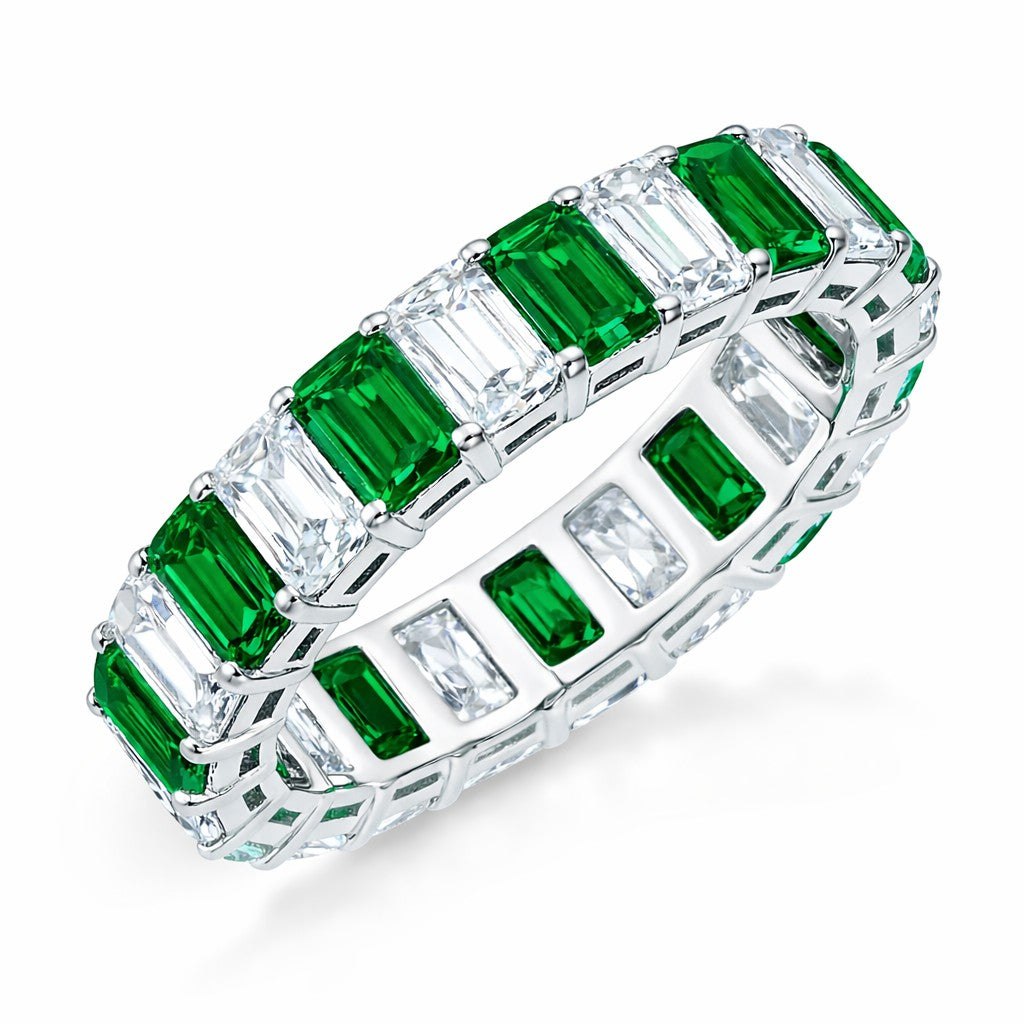 JeenMata 10 Carat Emerald Cut May Birthstone - Multicolor Eternity Wedding Band - Emerald & Cubic Zirconia Rings in 18K White Gold Plating for Women