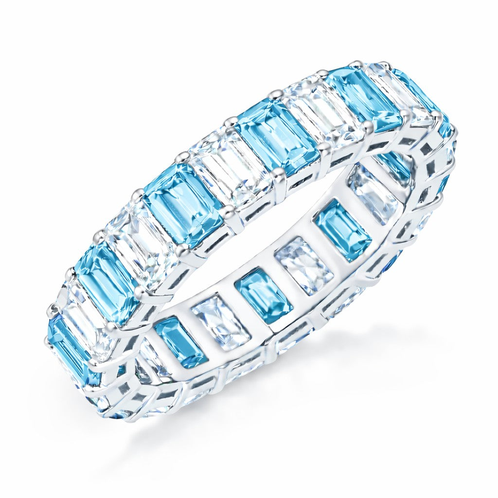JeenMata 10 Carat Emerald Cut December Birthstone - Multicolor Eternity Wedding Band - Blue Topaz & Cubic Zirconia Rings in 18K White Gold Plating for Women