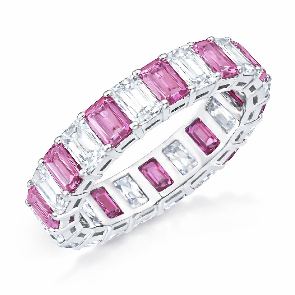JeenMata 10 Carat Emerald Cut October Birthstone - Multicolor Eternity Wedding Band - Pink Tourmaline & Cubic Zirconia Rings in 18K White Gold Plating for Women