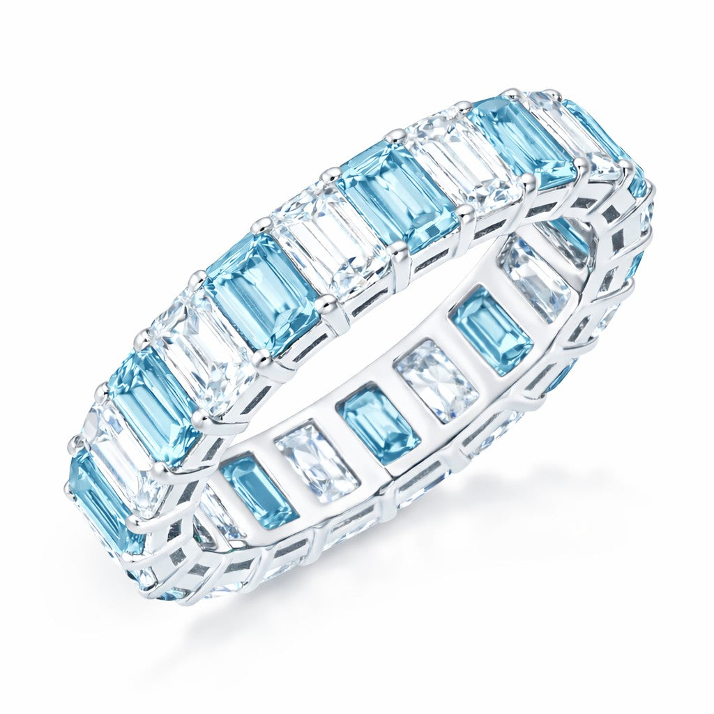 JeenMata 10 Carat Emerald Cut March Birthstone - Multicolor Eternity Wedding Band - Aquamarine & Cubic Zirconia Rings in 18K White Gold Plating for Women