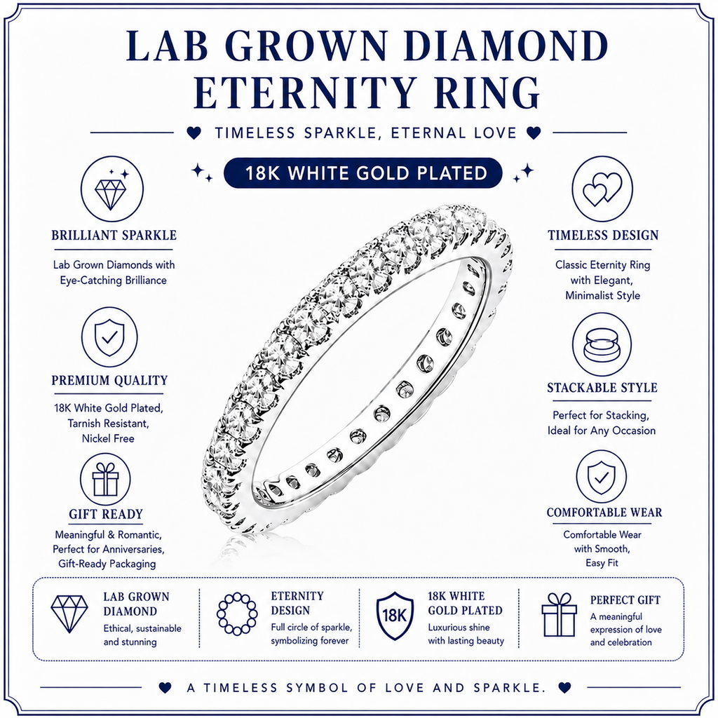 JeenMata Lab Grown Diamond Eternity Ring - Timeless Promise Gift for Women - in 18K White Gold Plating Wedding Rings