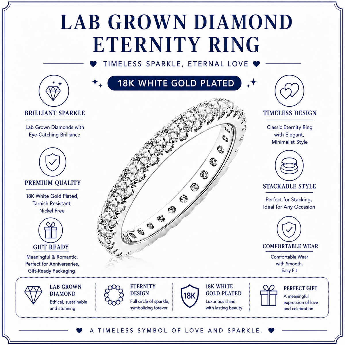 JeenMata Lab Grown Diamond Eternity Ring - Timeless Promise Gift for Women - in 18K White Gold Plating Wedding Rings