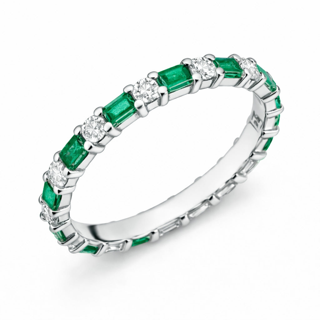 JeenMata 5.5 Carat Emerald & Round Cut April Birthstone Cubic Zirconia Eternity Wedding Band Ring, Alternating Birthstone Anniversary Band in 18K White Gold Plating for Women